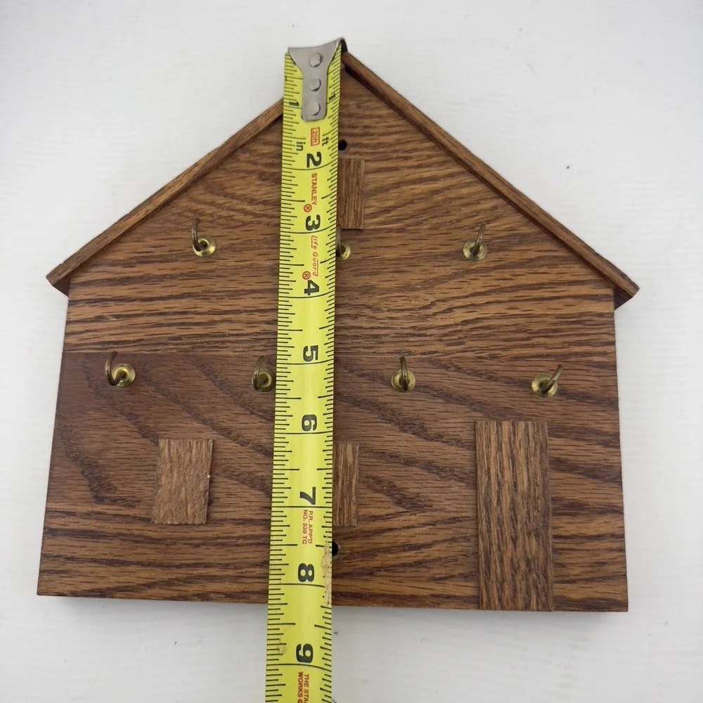 Vtg Wooden Key Holder 7 Brass Hooks Plaque House Shape Grannycore Rustic Cottage